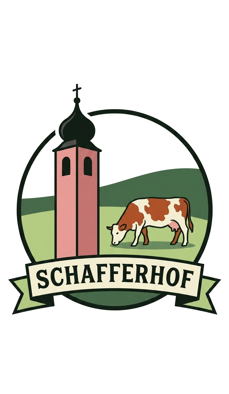 Schafferhof-Logo: Kirchturm und grasende Fleckvieh-Kuh
